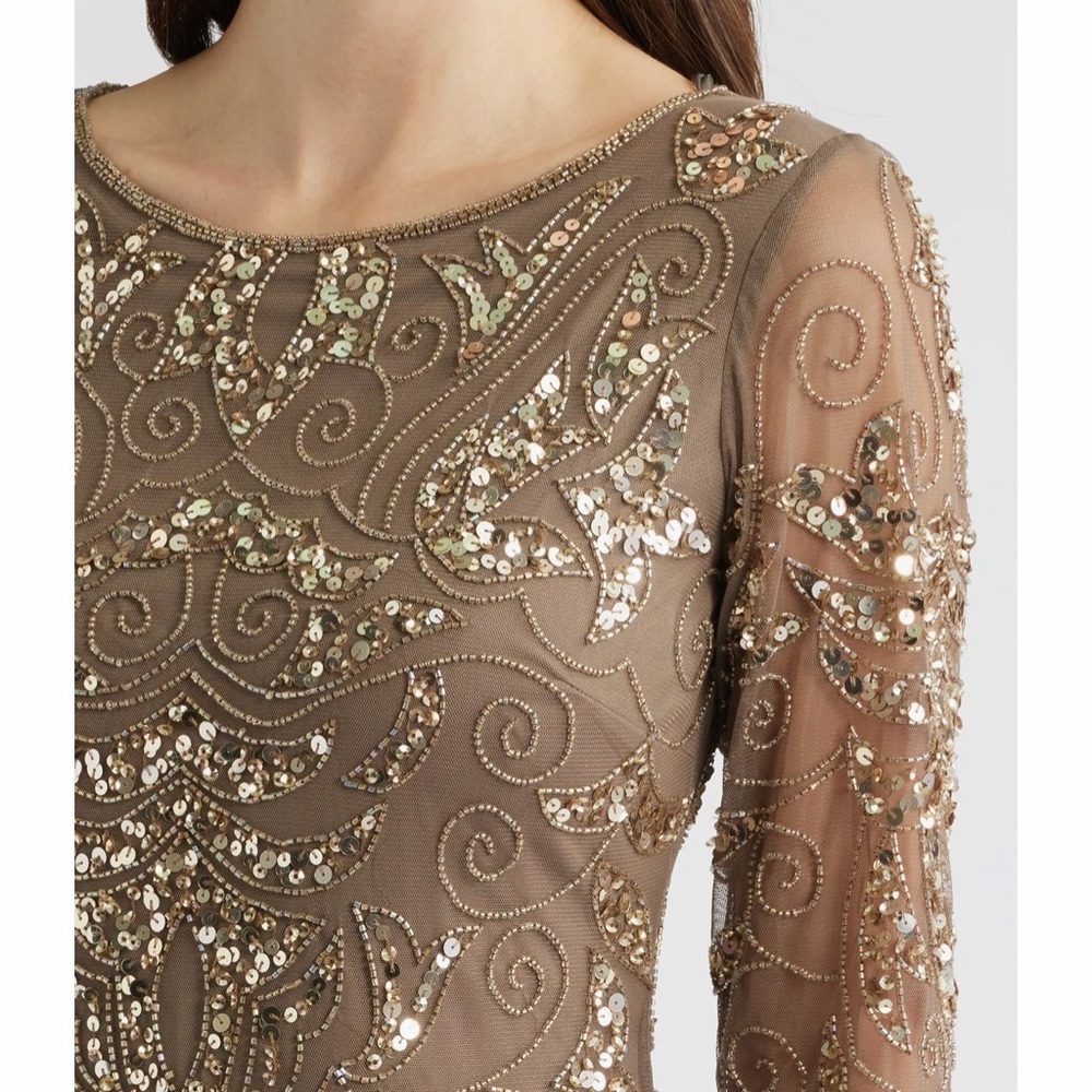 Pisarro Nights Taupe Beaded Long-Sleeve Evening Gown - Picture 4 of 10